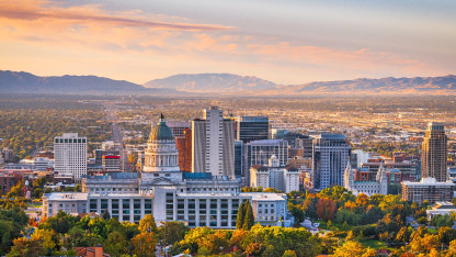Salt Lake City, Utah, USA downtown city skyline at dawn.